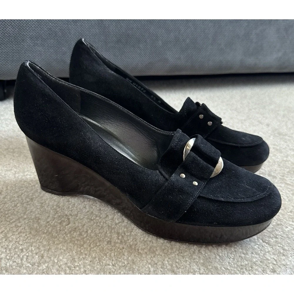 Stuart Weitzman Black Suede Brown‎ Wood Wedge Shoes Size 8 1/2 Silver Studs Read - Picture 2 of 13